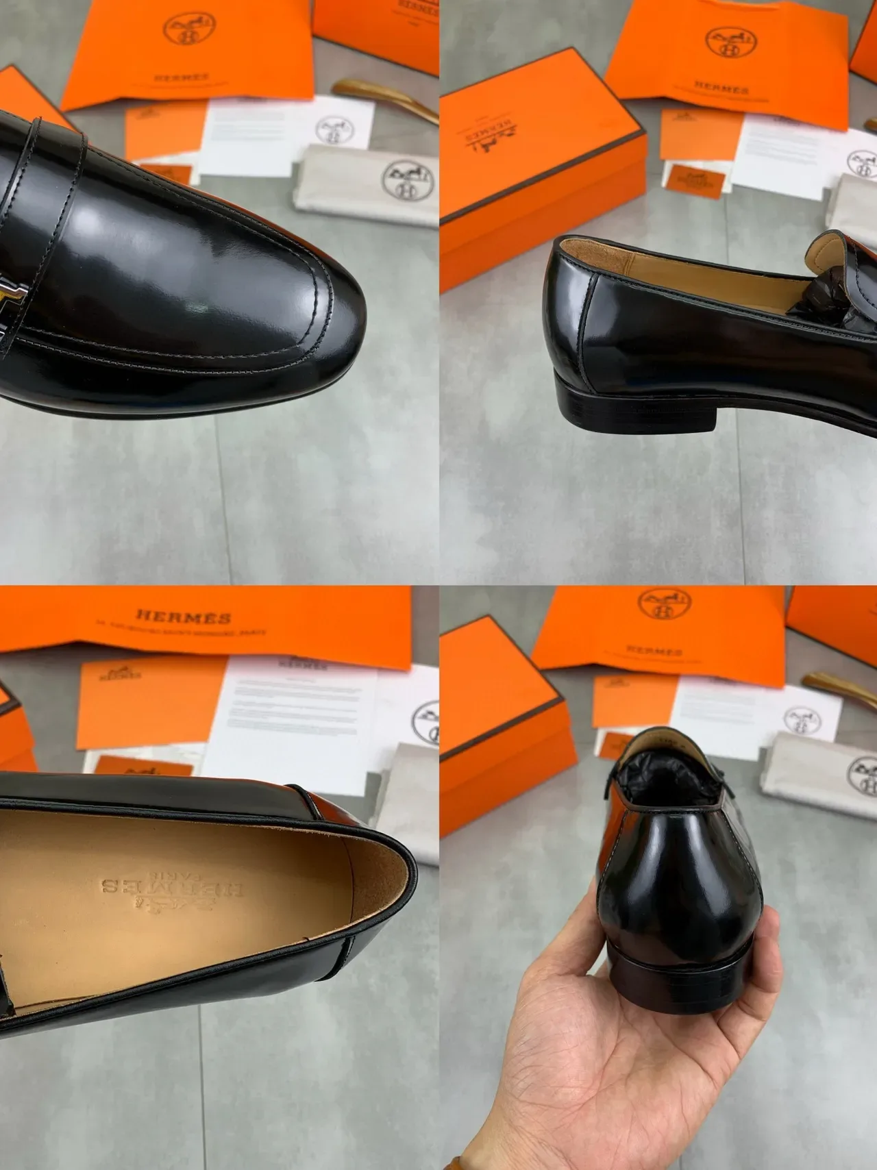 Hermès Oran Mocassins Preto Couro Patent Fivela H 2