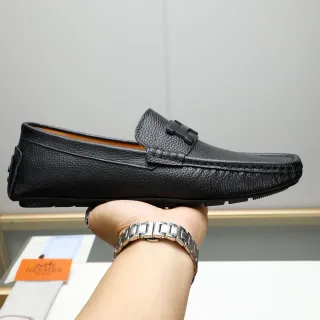 Hermès Oran Black Pebbled Leather H-Buckle Loafer