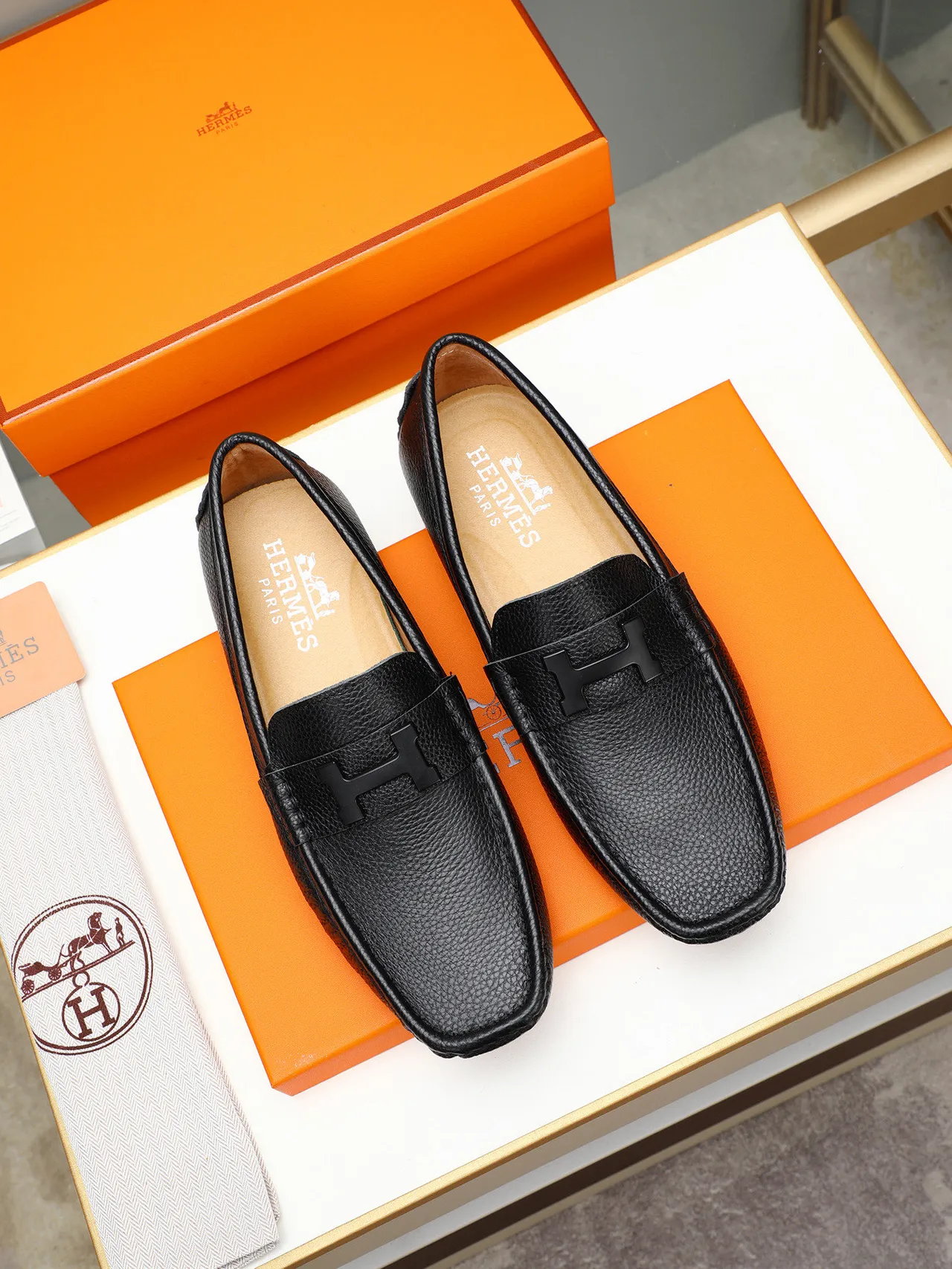 Hermès Oran Black Pebbled Leather H-Buckle Loafer 2
