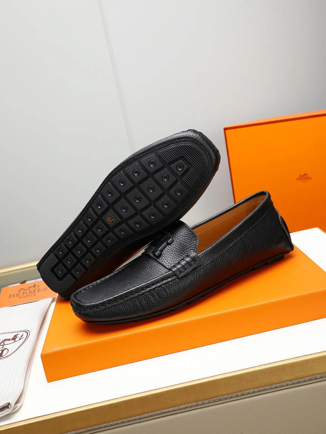 Hermès Oran Black Pebbled Leather H-Buckle Loafer 4