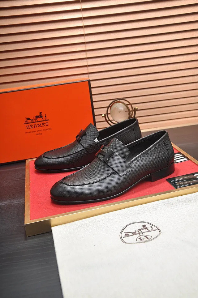 Hermès Oran Black Perforated Leather H-Buckle Loafers 7