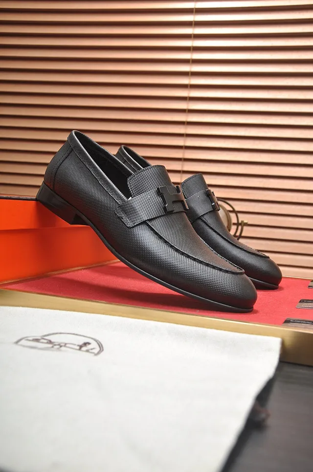 Hermès Oran Black Perforated Leather H-Buckle Loafers 2