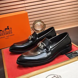Hermès Oran Black Polished Leather Buckle Loafers