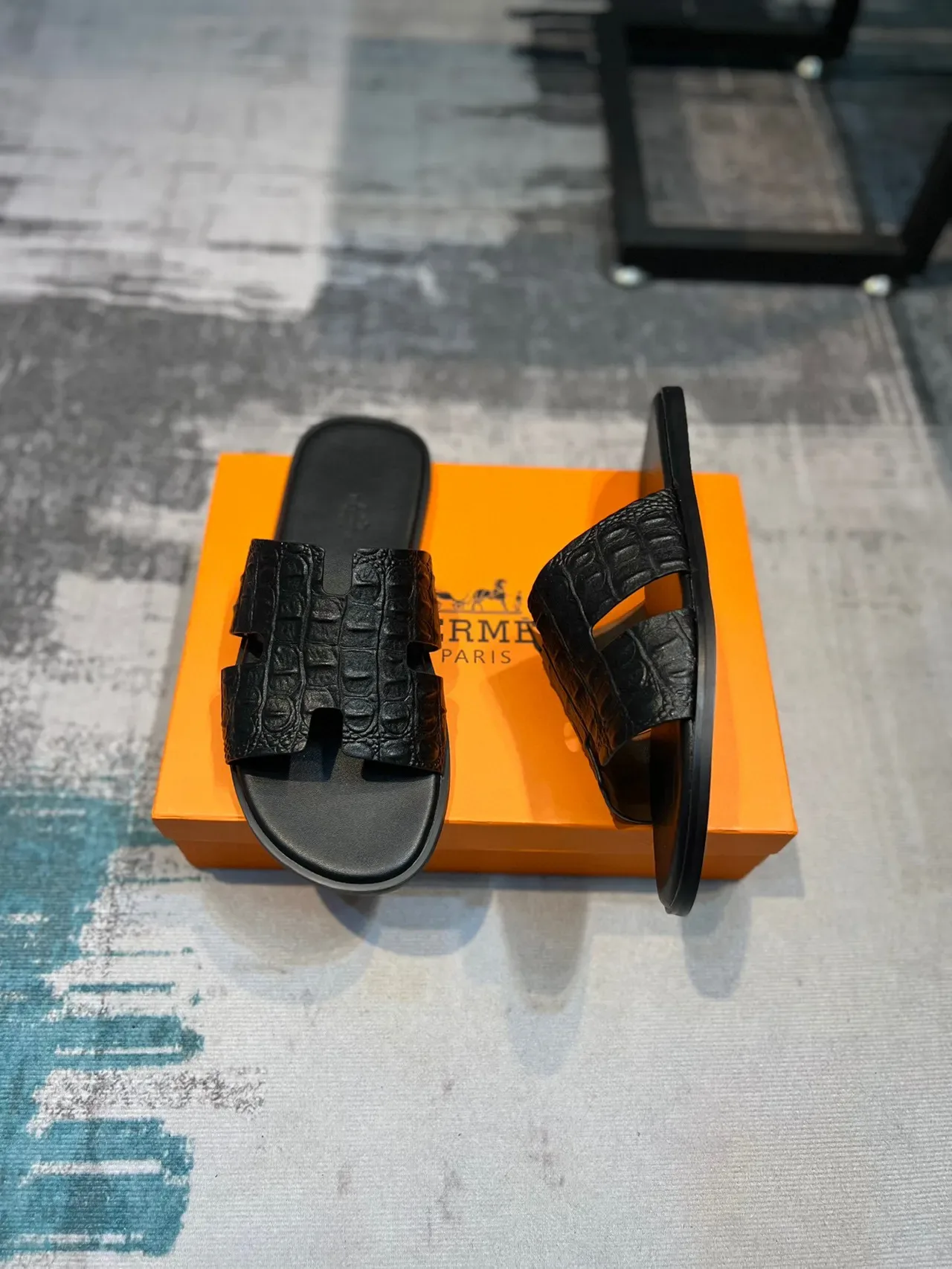 Hermès Oran Crocodile-Embossed Black Slippers 4