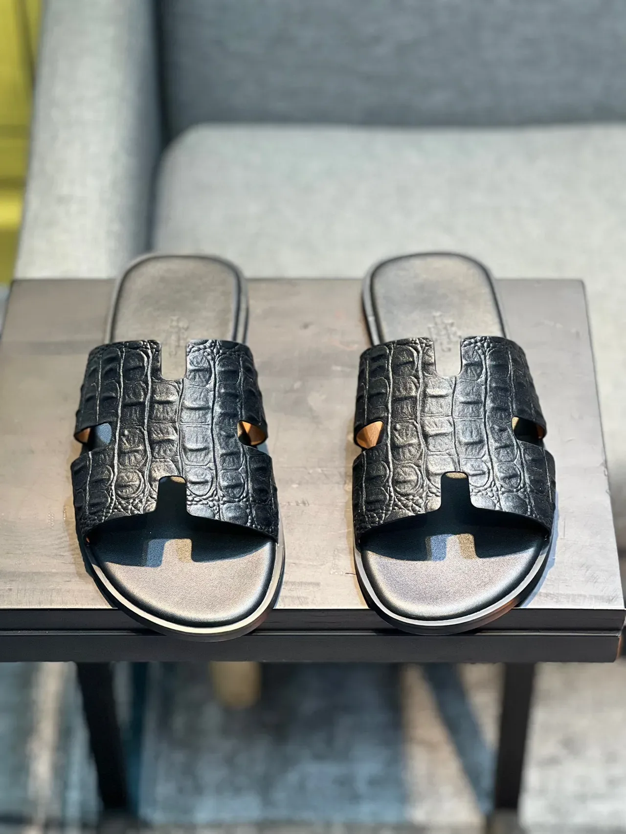 Hermès Oran Crocodile-Embossed Black Slippers 5