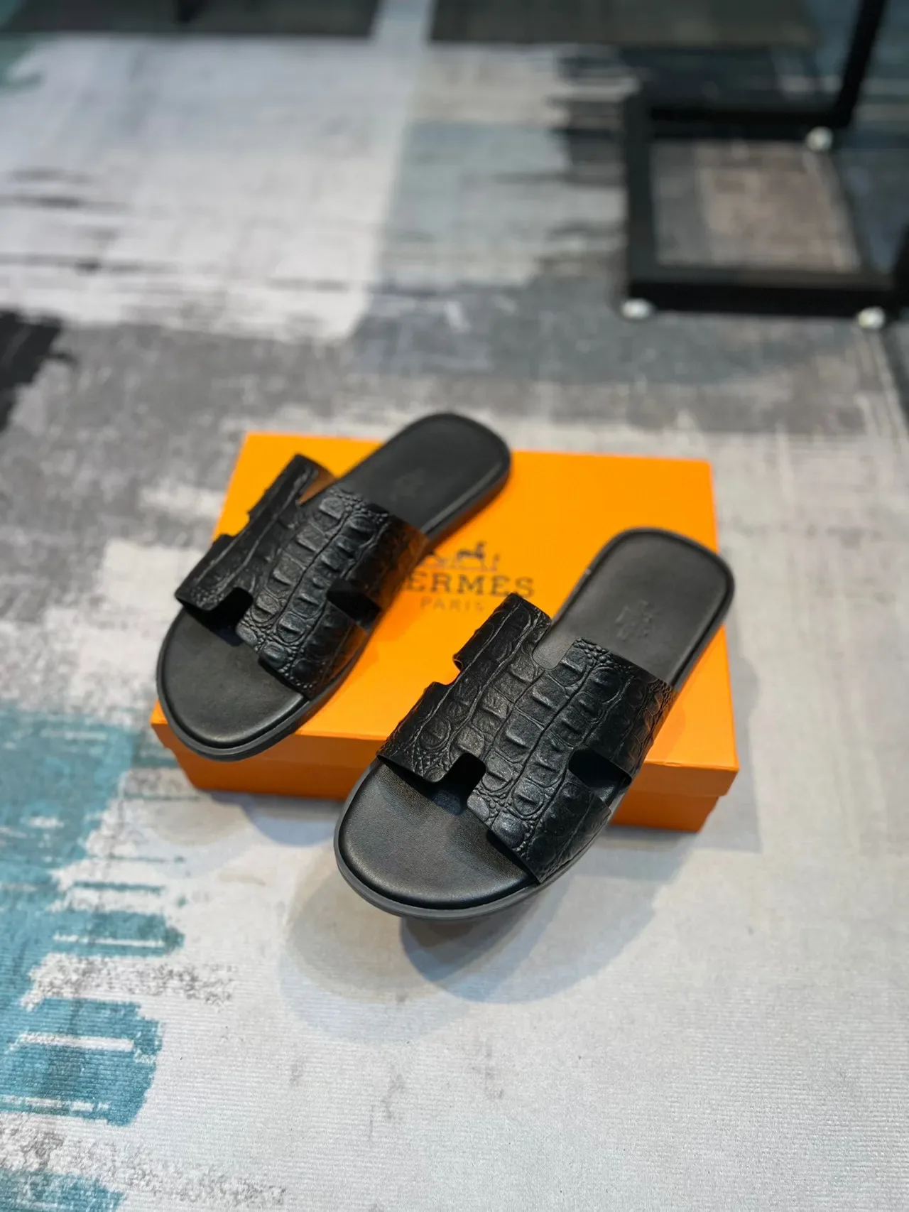 Hermès Oran Crocodile-Embossed Black Slippers 6