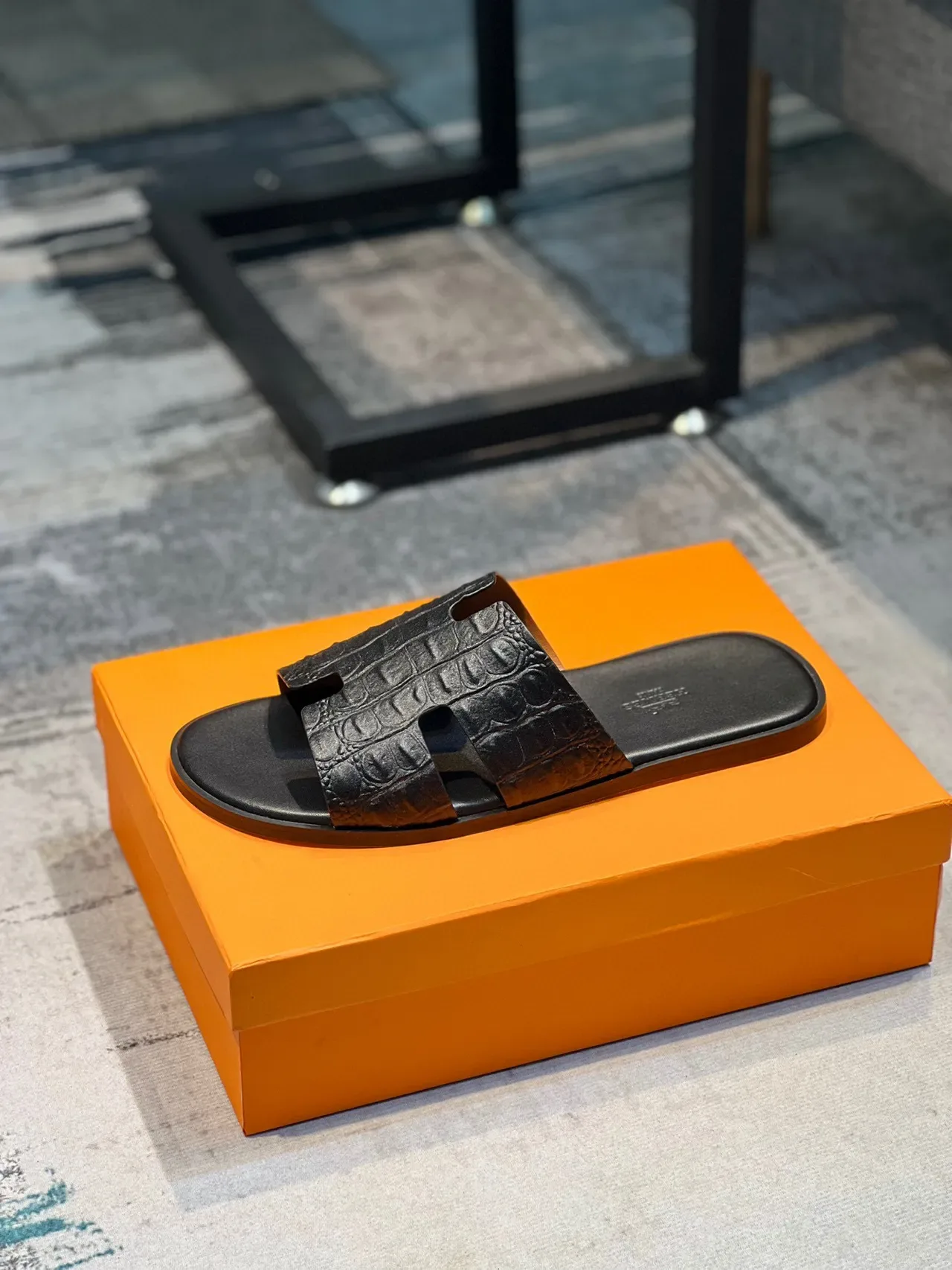 Hermès Oran Crocodile-Embossed Black Slippers 9