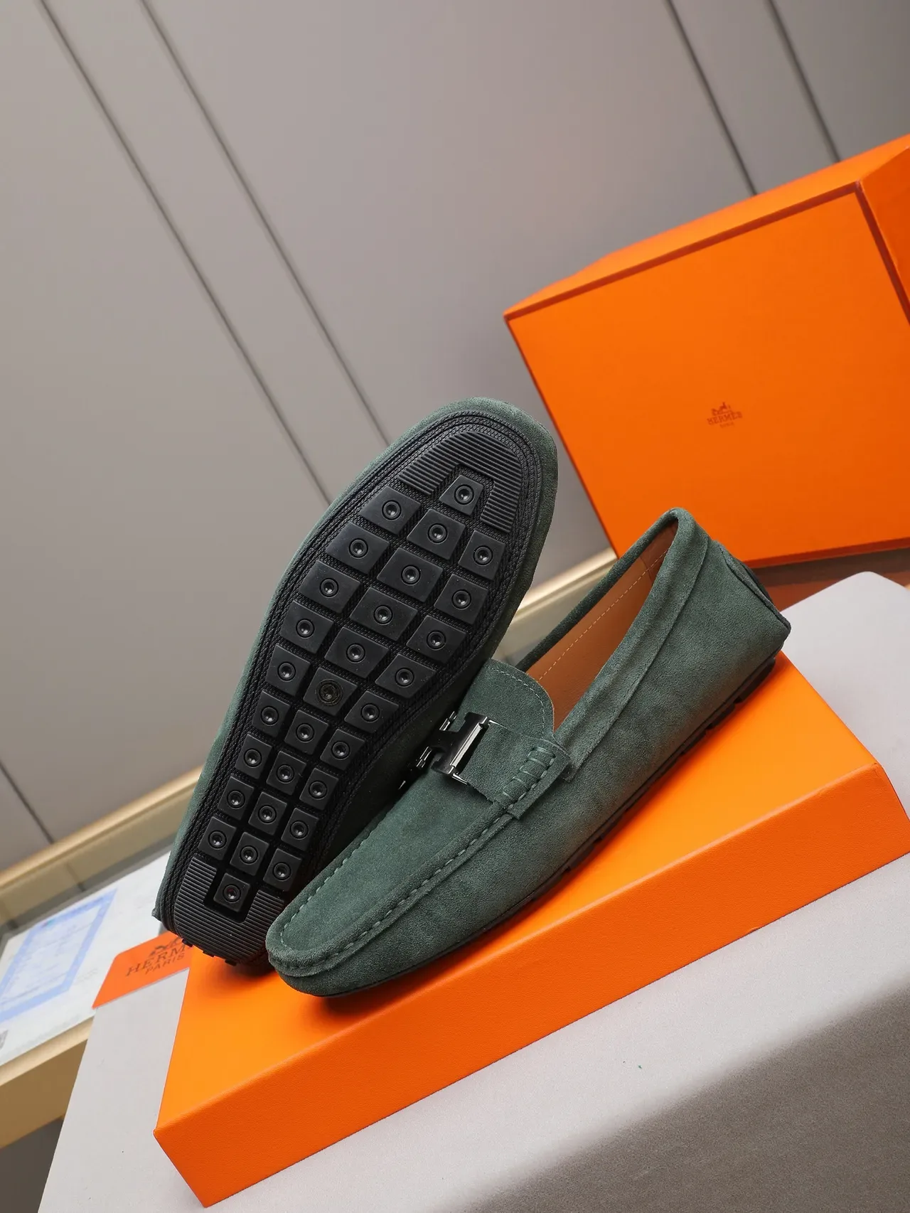 Hermès Oran Mocassin daim vert H-Buckle 4