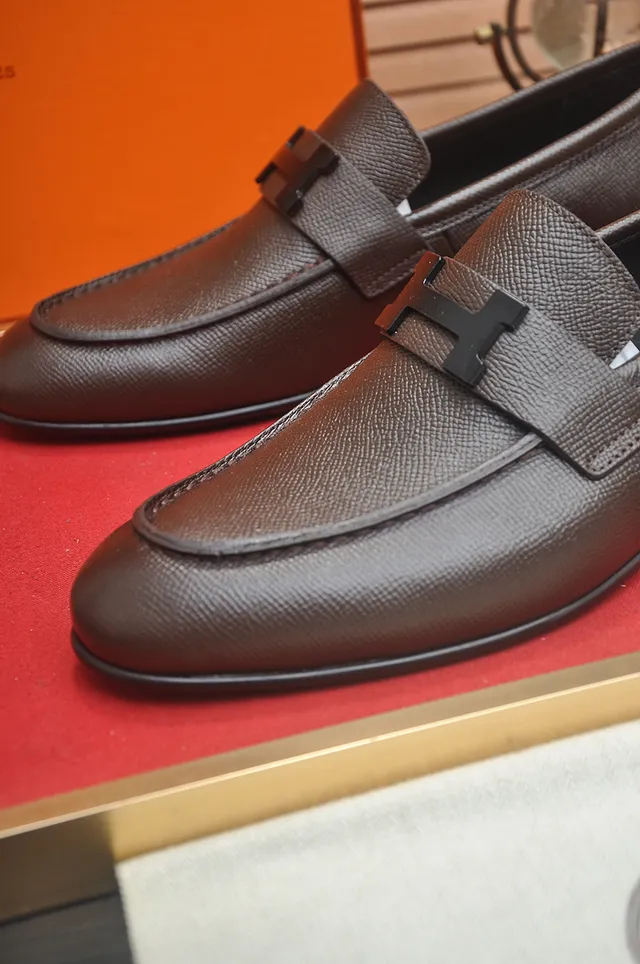 Hermès Oran Loafer Brown Pebbled Leather H-Buckle Loafers 2