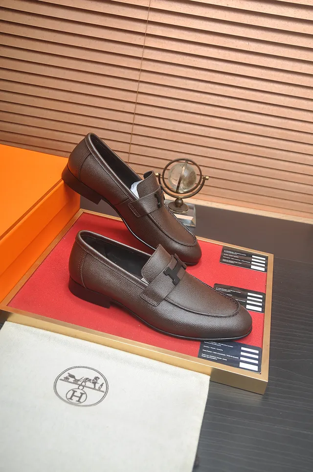 Hermès Oran Loafer Brown Pebbled Leather H-Buckle Loafers 4