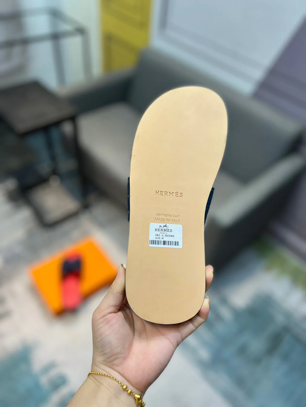 Hermès Oran Navy Croc-Embossed Red Insole Slippers 8