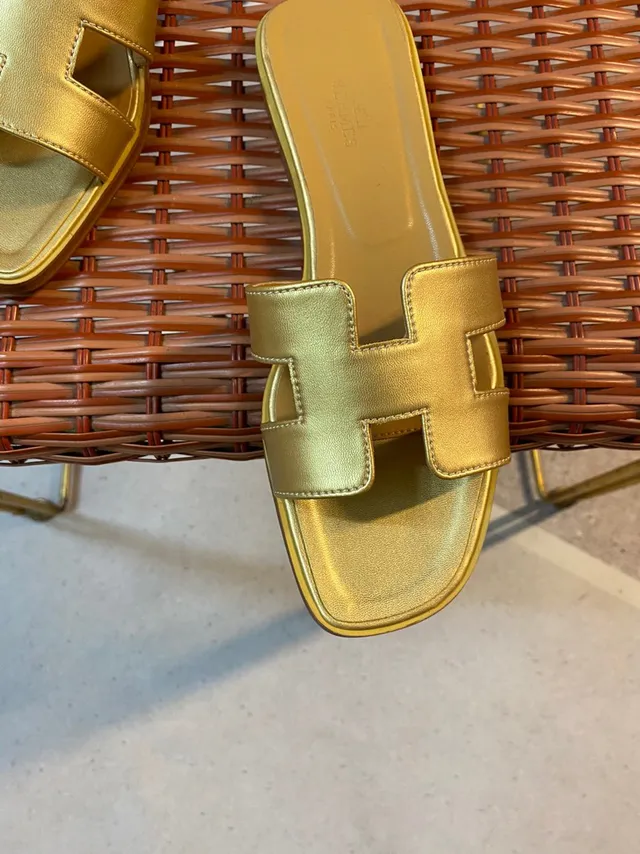 Hermès Oran Slide Metallic Gold Leather Slippers 3