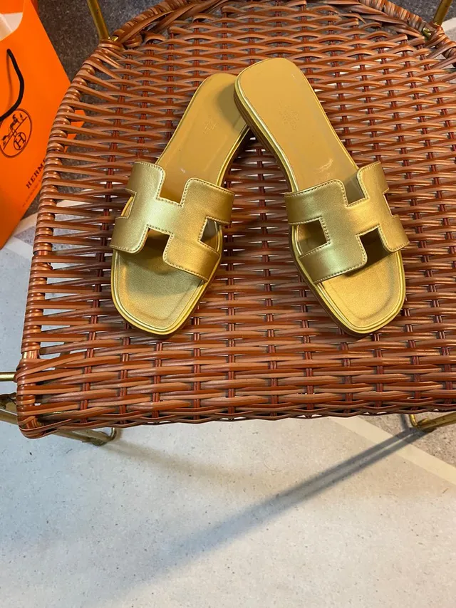 Hermès Oran Slide Metallic Gold Leather Slippers 5