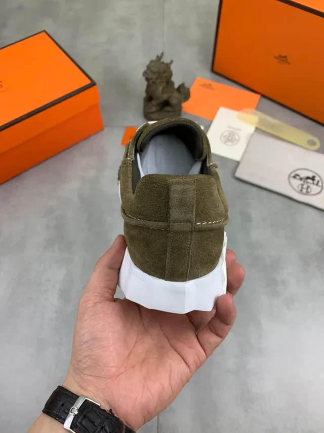 Hermès Oran Sneaker Vert Armée Blanc Olive Daim Supérieur Semelle à nervures Chaussures Chunky 3
