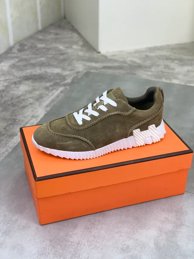 Hermès Oran Sneaker Vert Armée Blanc Olive Daim Supérieur Semelle à nervures Chaussures Chunky 4
