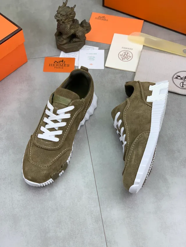Hermès Oran Sneaker Vert Armée Blanc Olive Daim Supérieur Semelle à nervures Chaussures Chunky 5