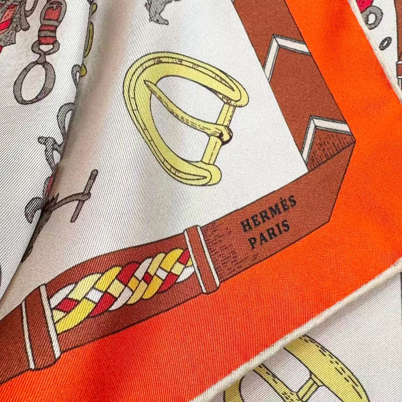Hermès Orange Beige Equestrian Motif Bordered Square Silk Scarf 3