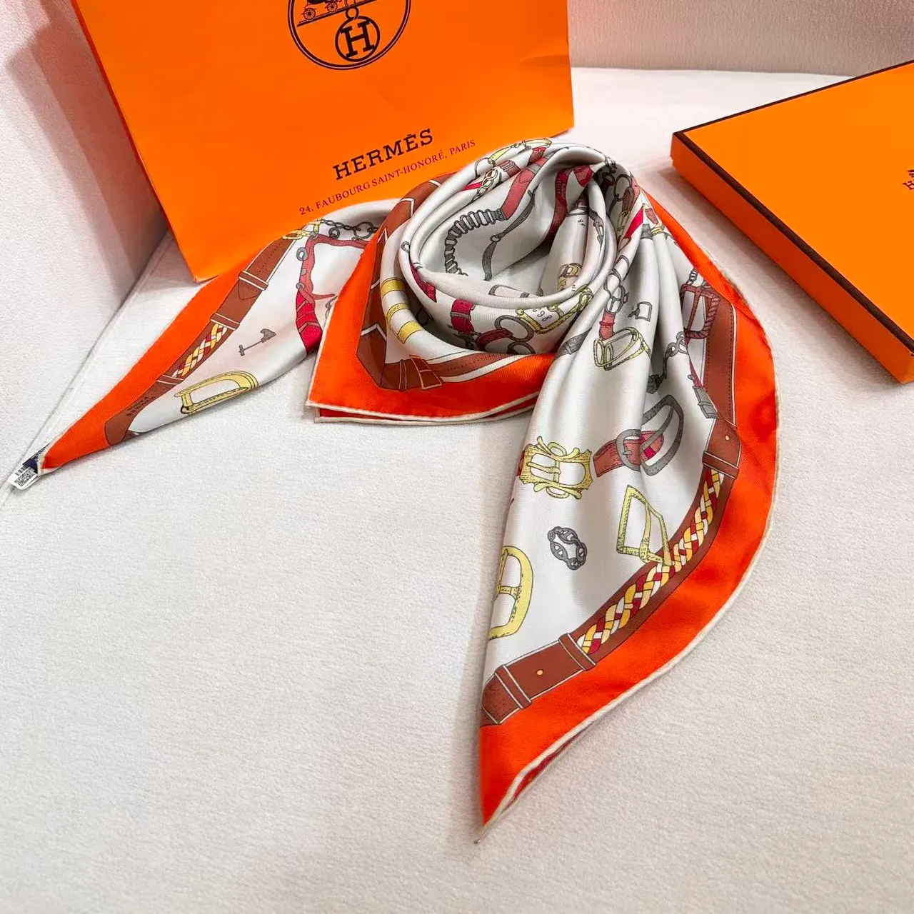 Hermès Orange Beige Equestrian Motif Bordered Square Silk Scarf 4