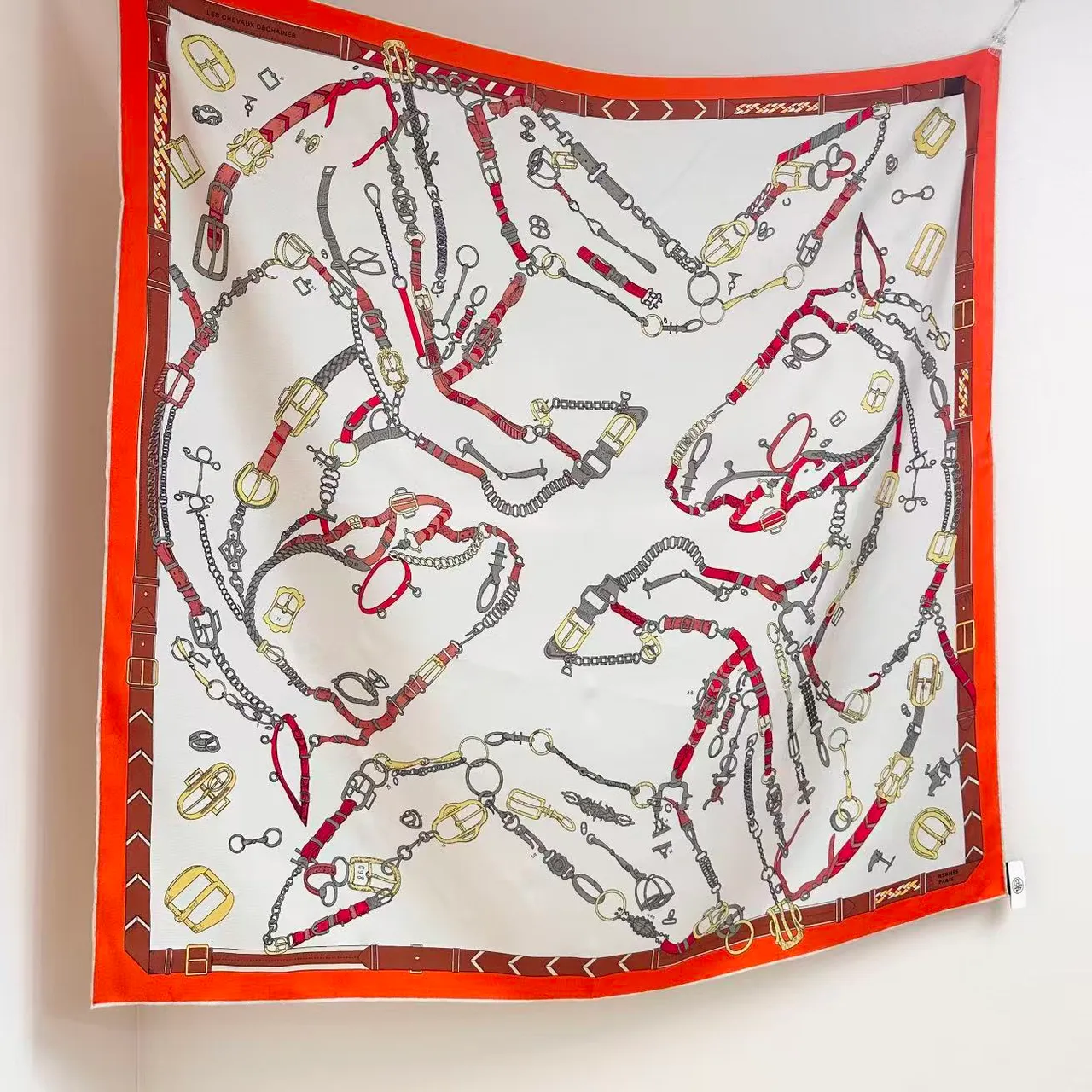 Hermès Orange Beige Equestrian Motif Bordered Square Silk Scarf 5