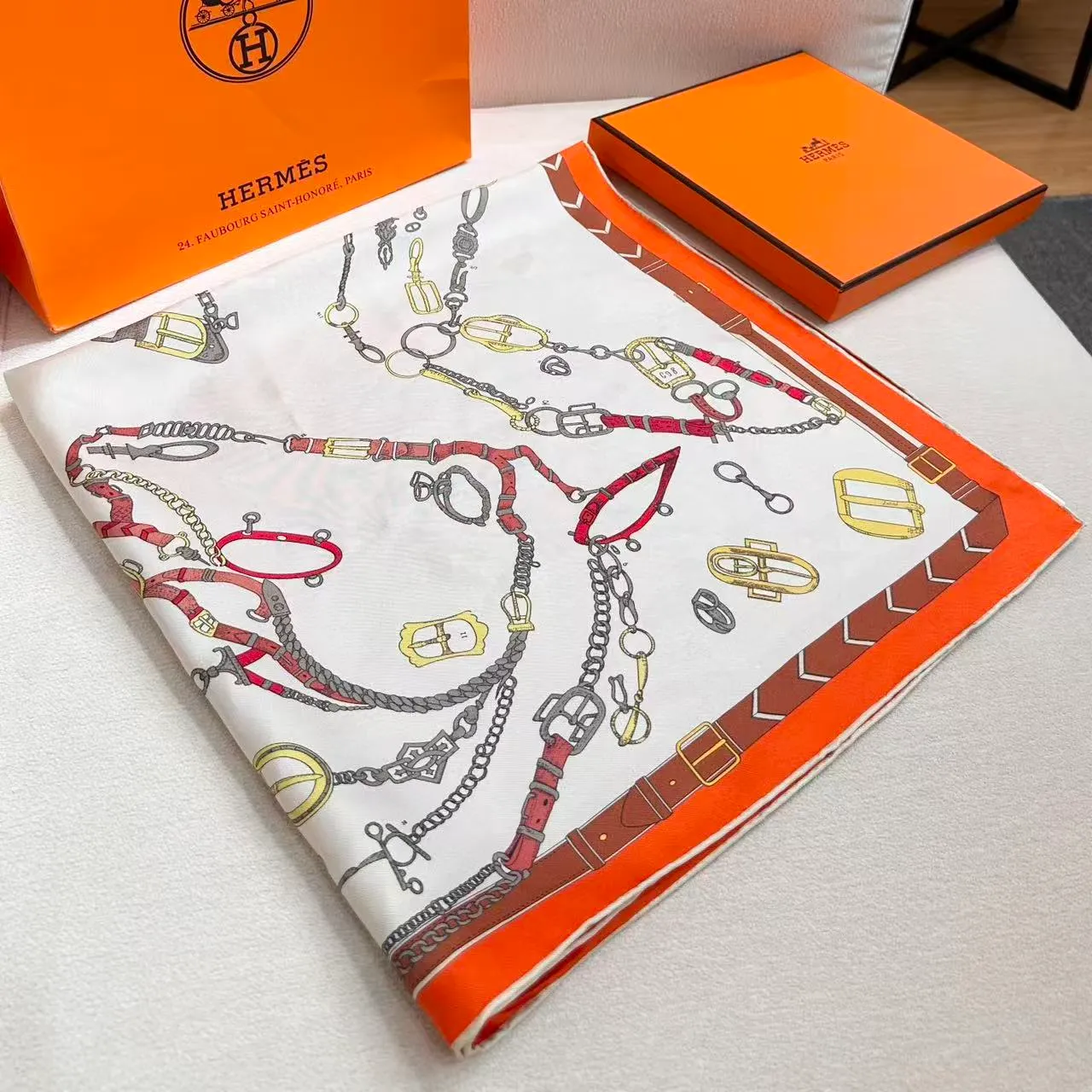 Hermès Orange Beige Equestrian Motif Bordered Square Silk Scarf 6