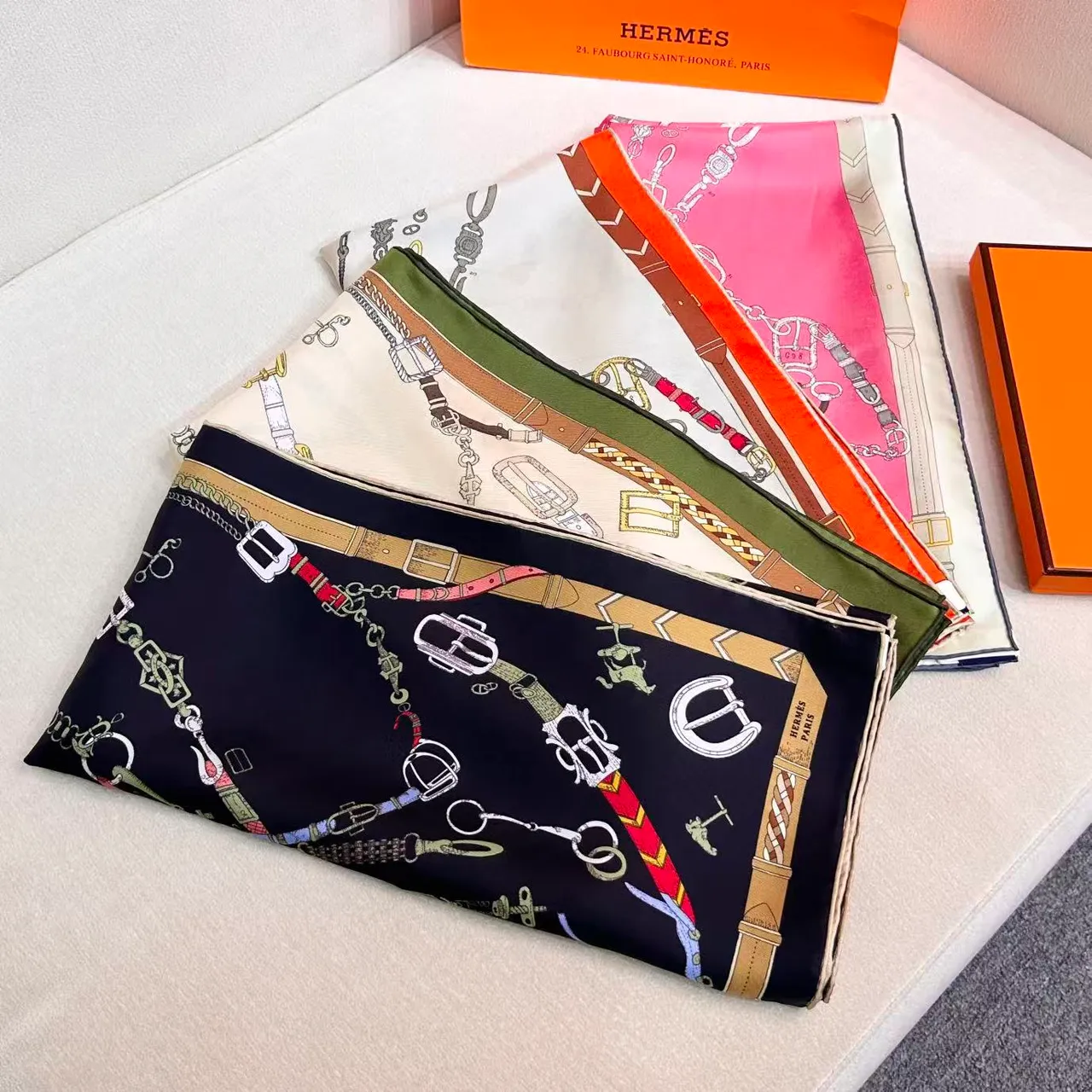 Hermès Orange Beige Equestrian Motif Bordered Square Silk Scarf 7