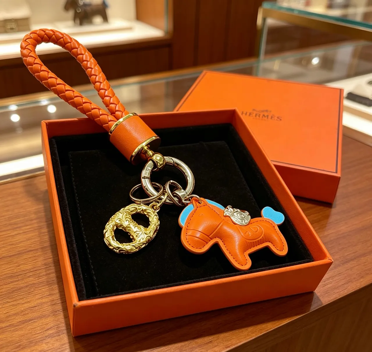 Hermès Orange Blue Braided Leather Loop Horse-Shaped Charm Phone Case 2