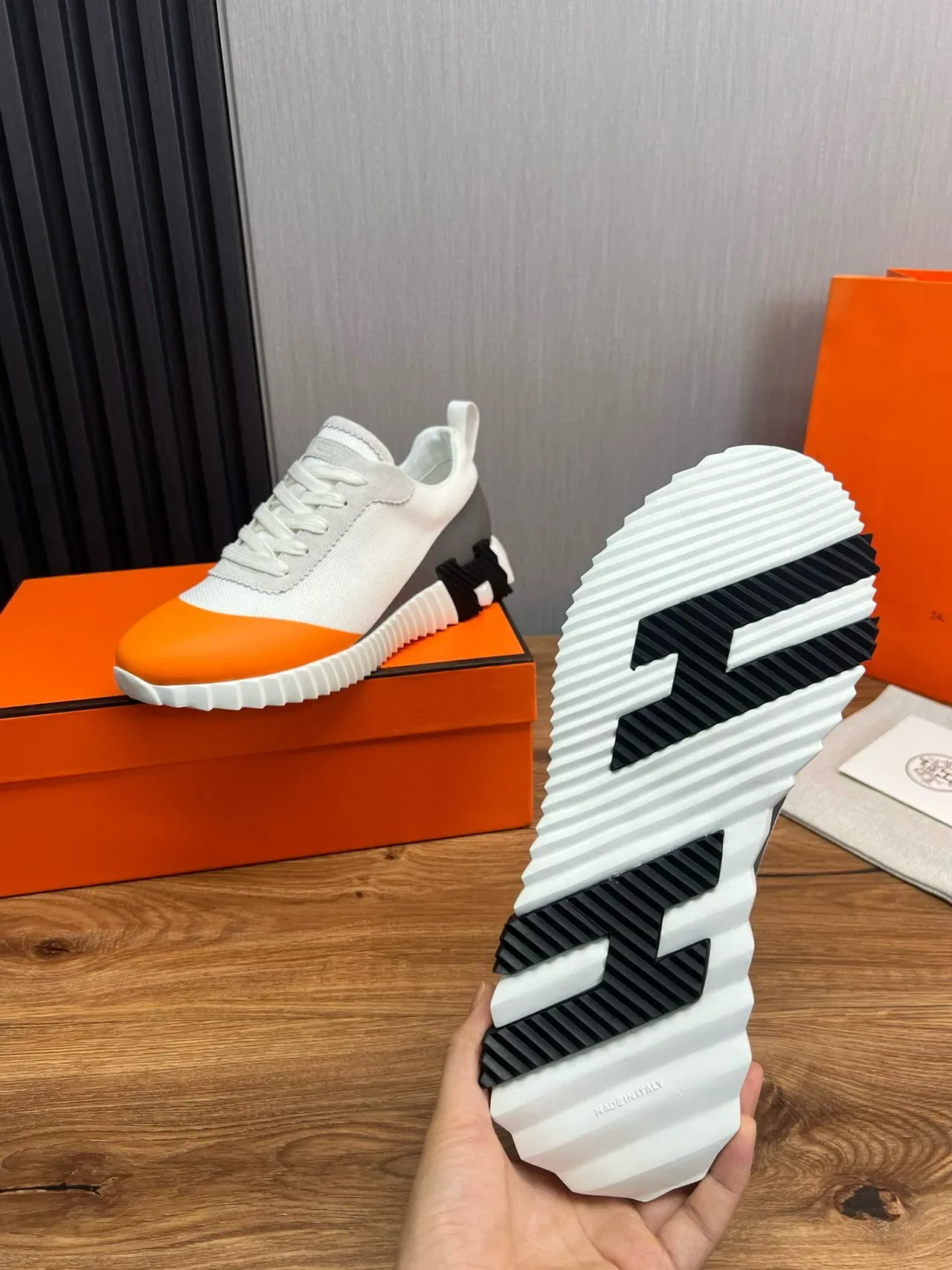 Hermès Orange White Sculpted Ridged Midsole Toe Cap Lifestyle Sneakers 9