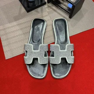 Hermès Silver White Glitter Strap H-Shaped Buckle Slippers