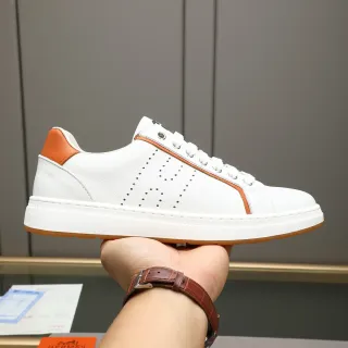 Hermès White and Orange Perforated Leather Lifestyle Sneakers