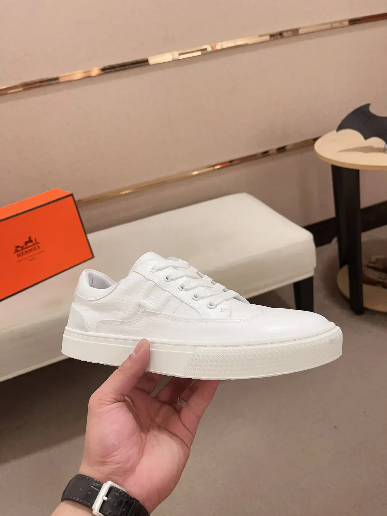 Hermès White Leather Croc-Embossed Panels Lifestyle Sneakers 4