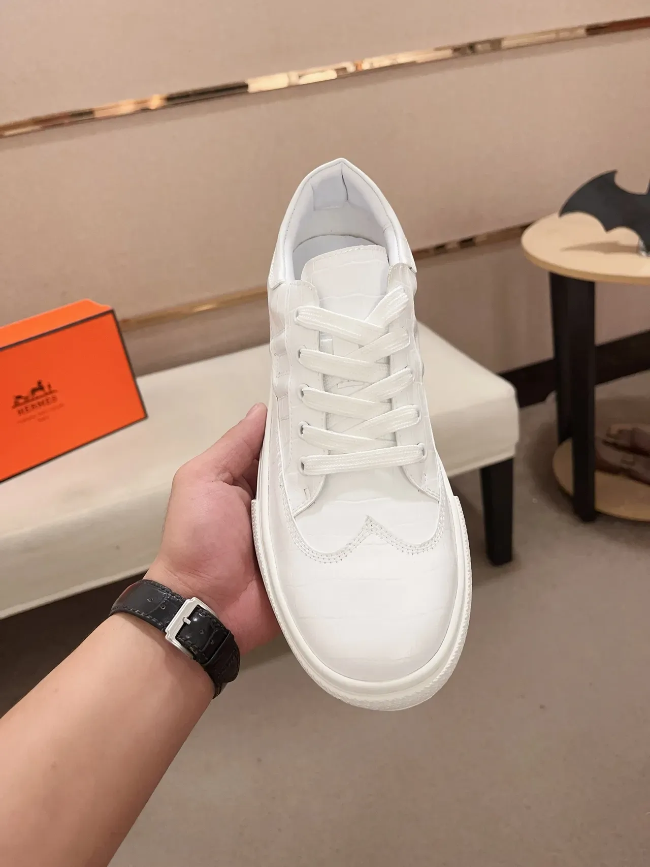 Hermès White Leather Croc-Embossed Panels Lifestyle Sneakers 5