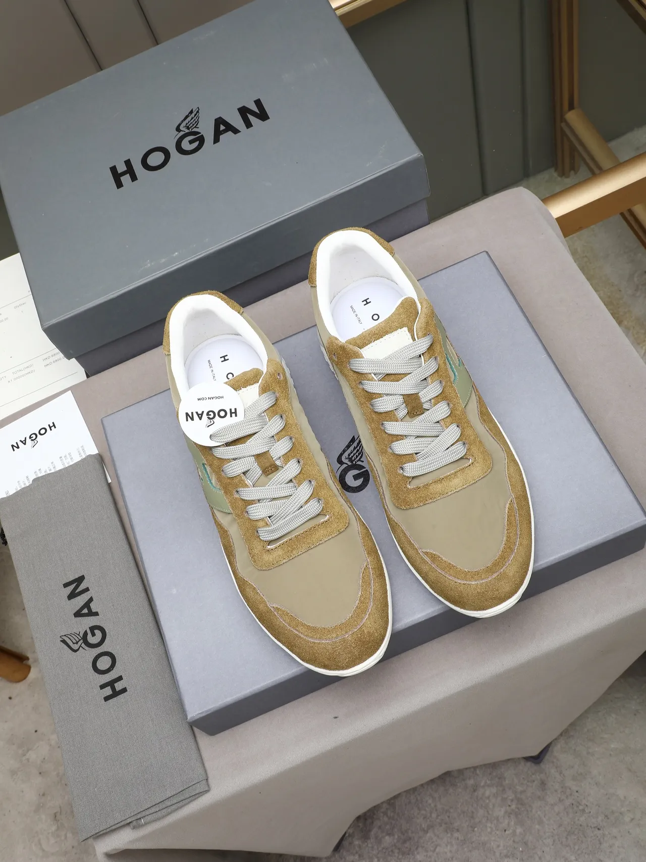 Hogan Marrom Verde Material Misto Superior Painel Lateral em Forma de H Sneakers Lifestyle 3