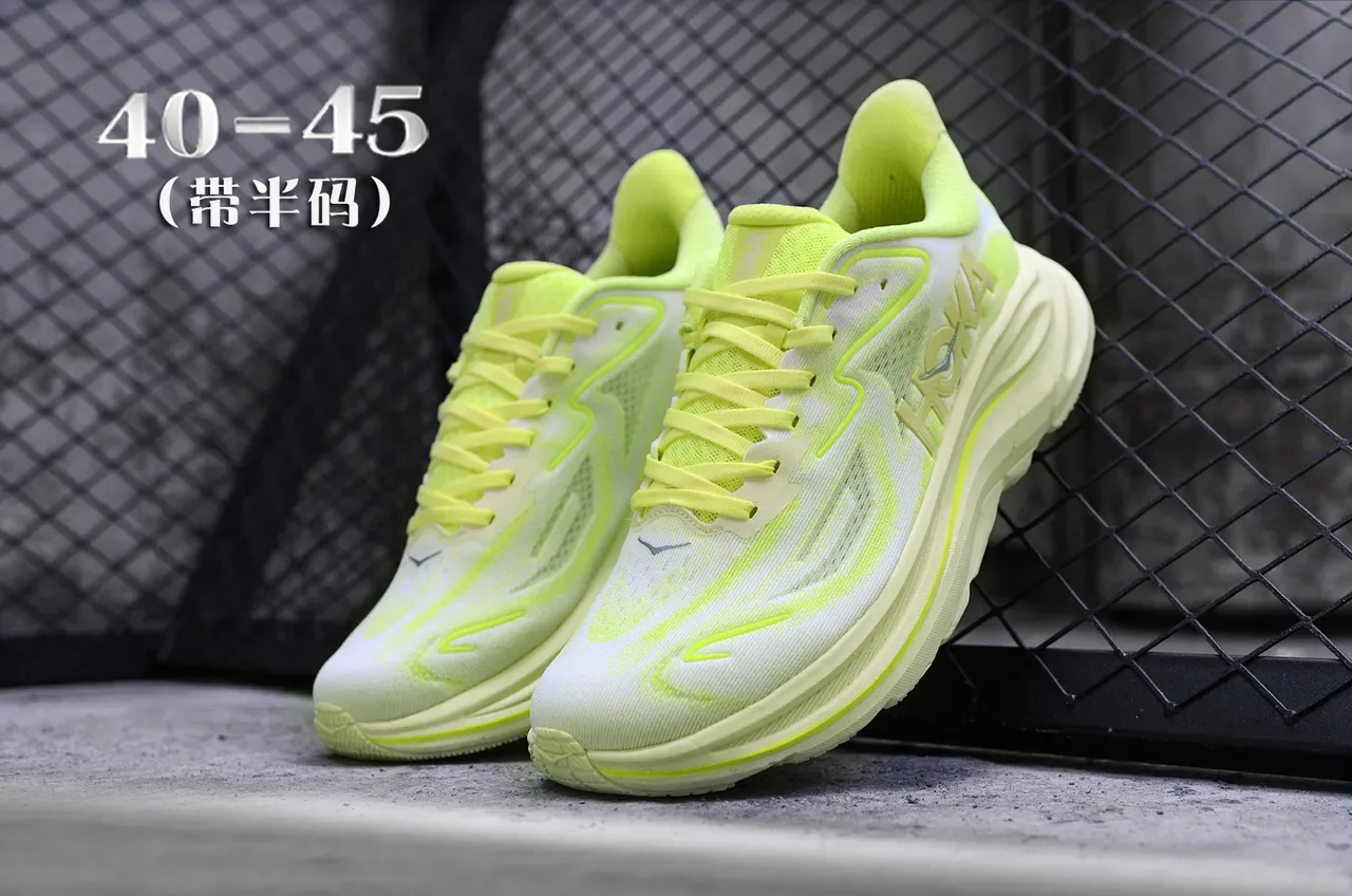 Hoka Branco Amarelo Upper de Malha Engenhada Acentos Neon Tênis de Corrida 5