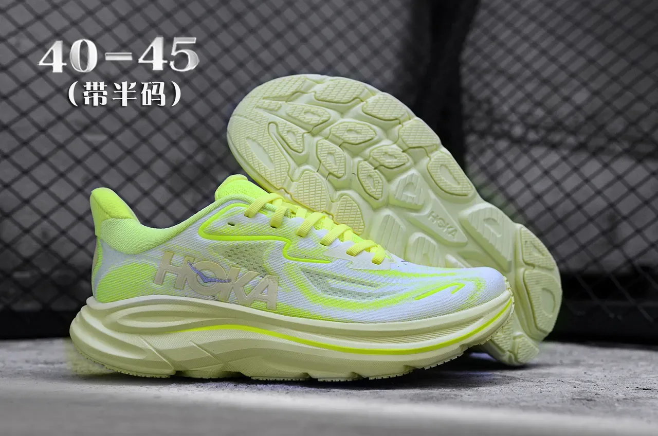 Hoka Branco Amarelo Upper de Malha Engenhada Acentos Neon Tênis de Corrida 7