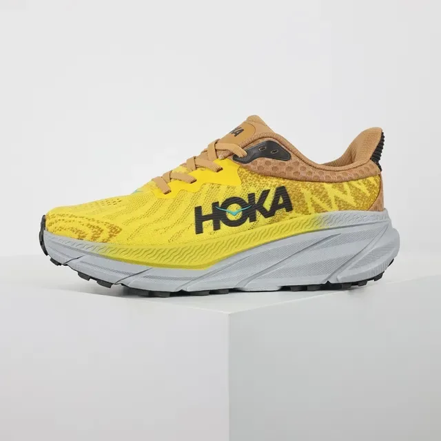 Hoka Yellow Brown Engineered Knit Upper Maximalist Cushioned Midsole Running Shoes 9