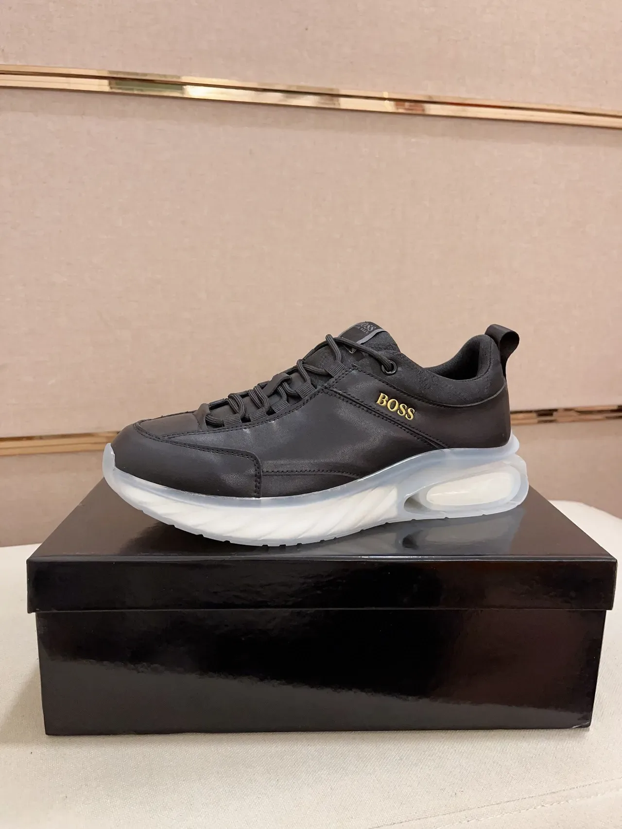 Hugo Boss Black Transparent Leather Upper Gold Logo Sneakers 2