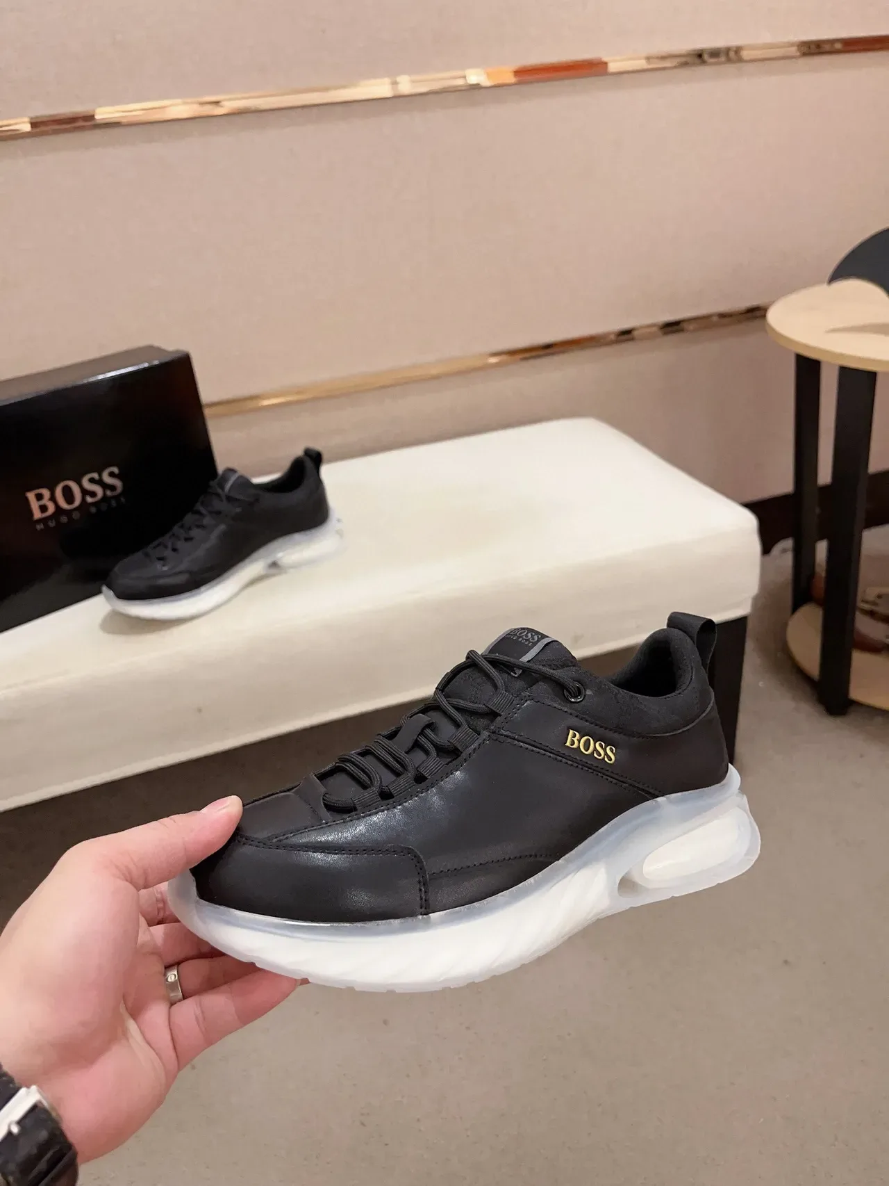 Hugo Boss Black Transparent Leather Upper Gold Logo Sneakers 3