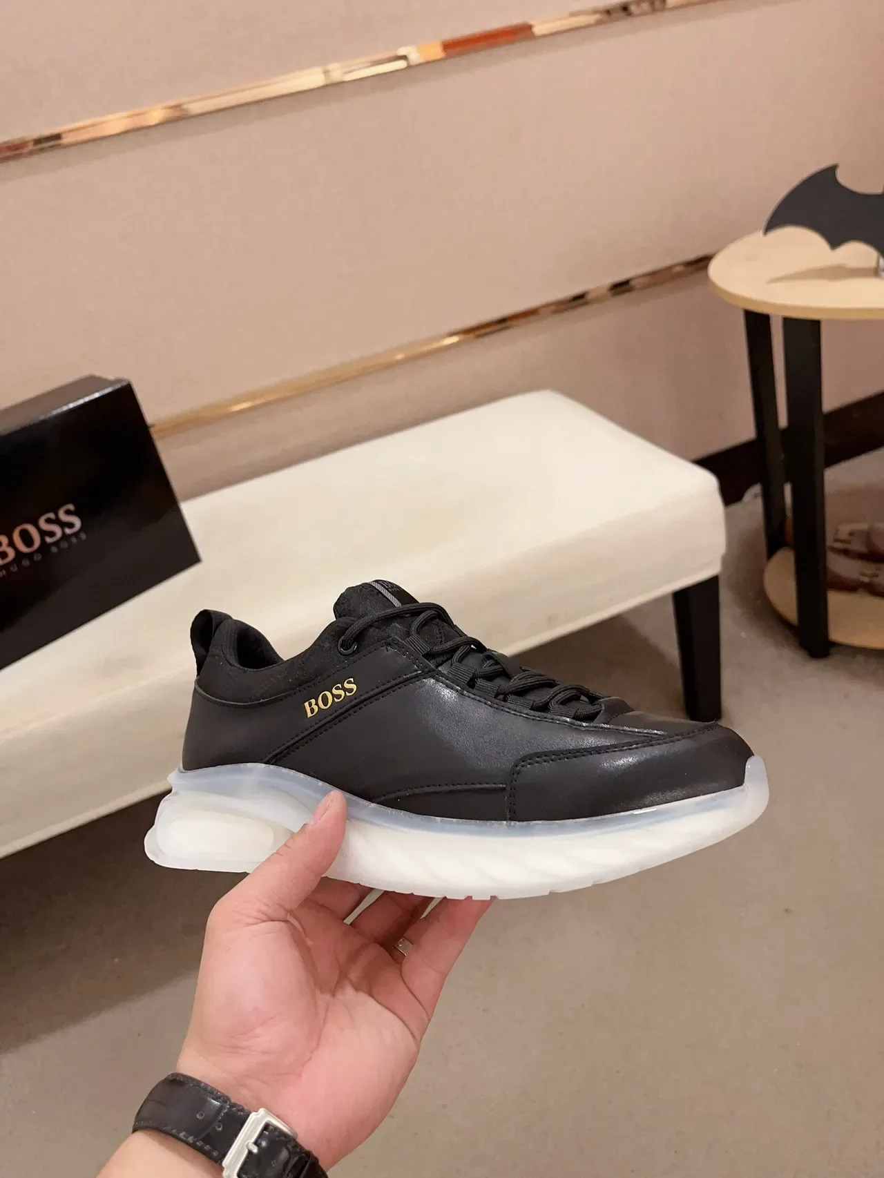 Hugo Boss Black Transparent Leather Upper Gold Logo Sneakers 4