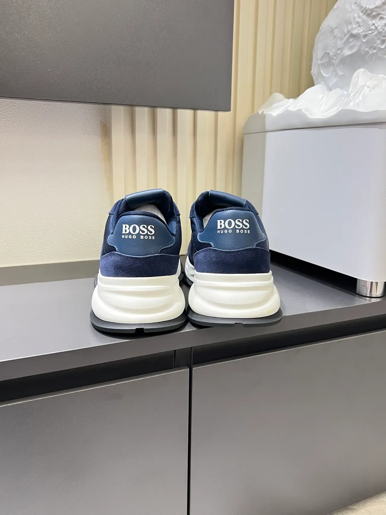 Hugo Boss Navy White Textile-Suede Upper Sculpted Midsole Sneakers 2