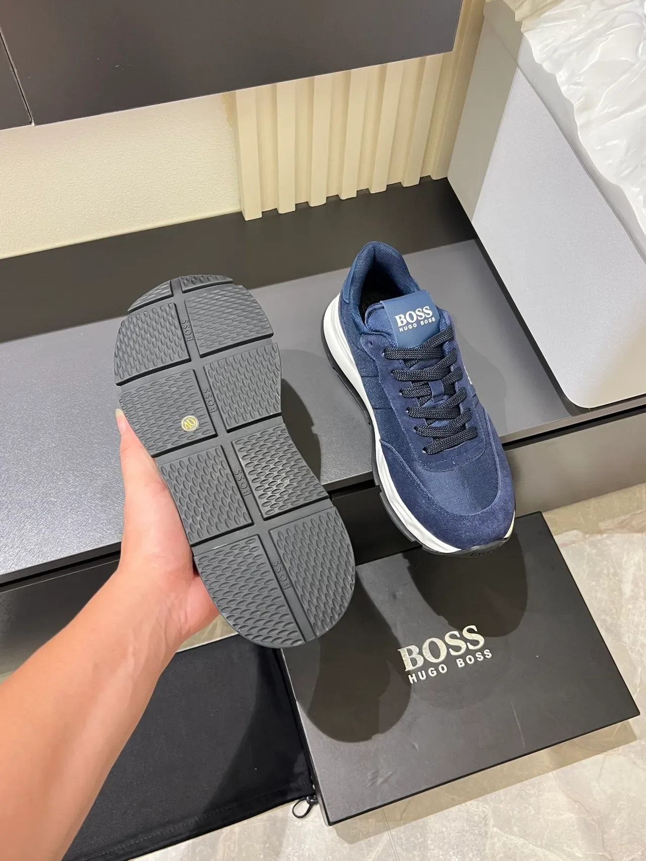 Hugo Boss Navy White Textile-Suede Upper Sculpted Midsole Sneakers 3