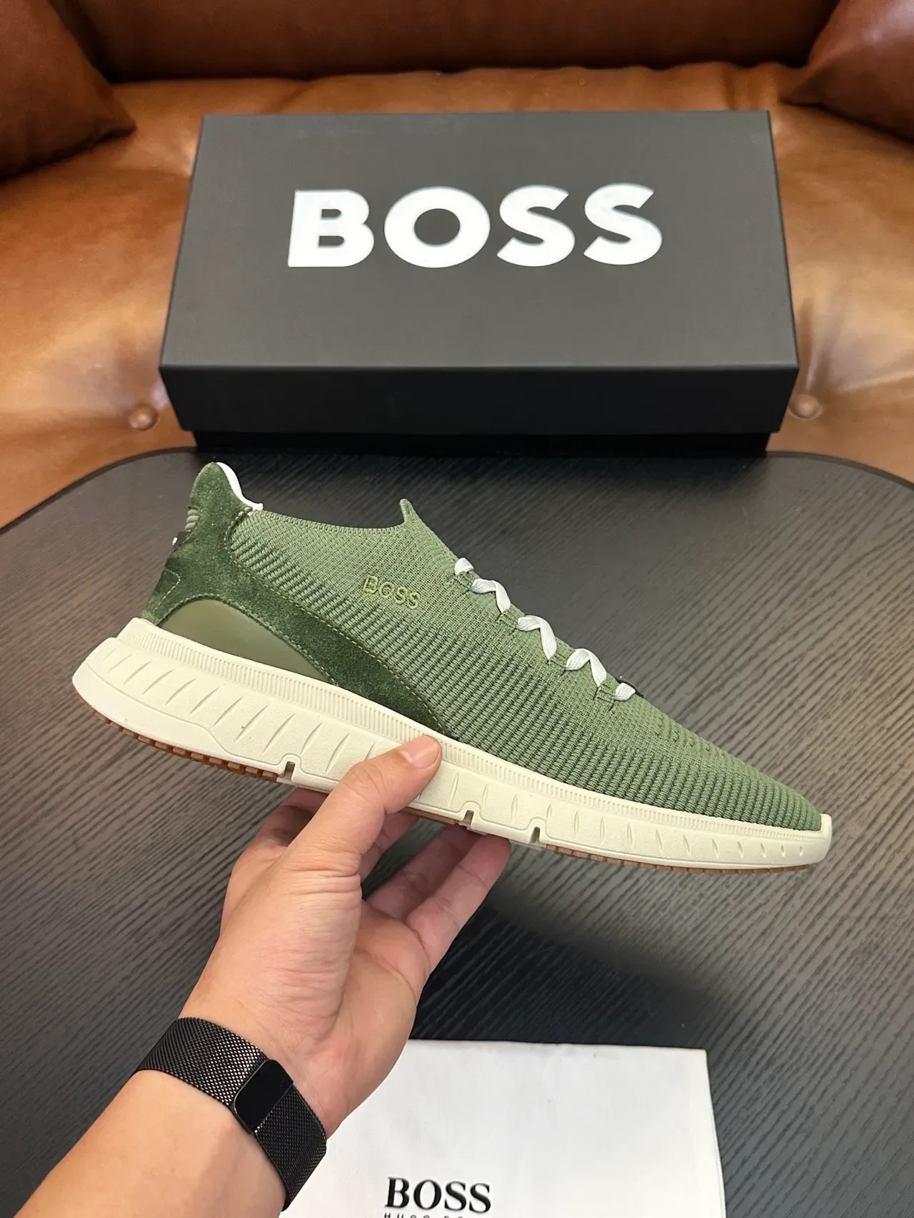 Hugo Boss Chaussures Lifestyle Vert Olive en Tricot à Enfiler 2
