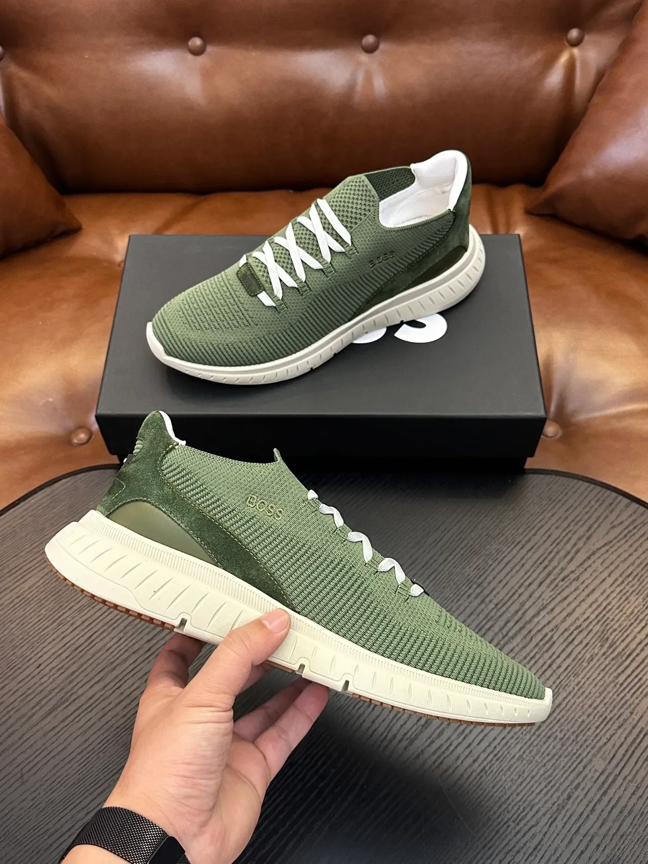 Hugo Boss Chaussures Lifestyle Vert Olive en Tricot à Enfiler 5