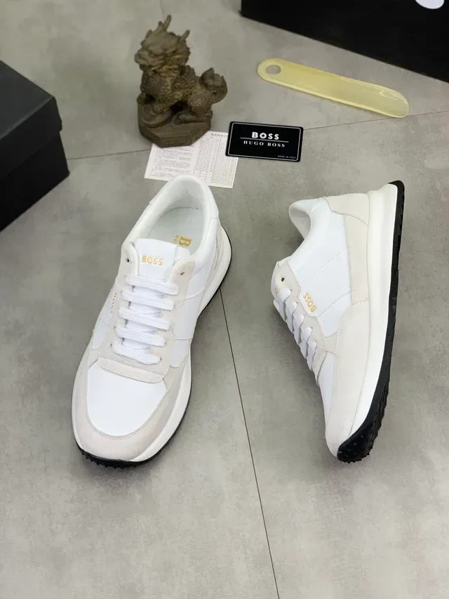Hugo Boss White Beige Mixed-Material Upper Minimalist Branding Sneakers 5