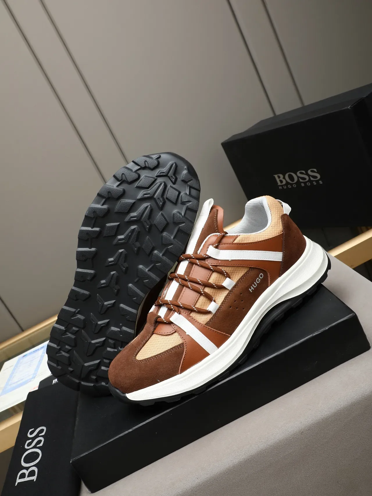 HUGO Brown and Beige Mixed-Material Lifestyle Sneaker 4