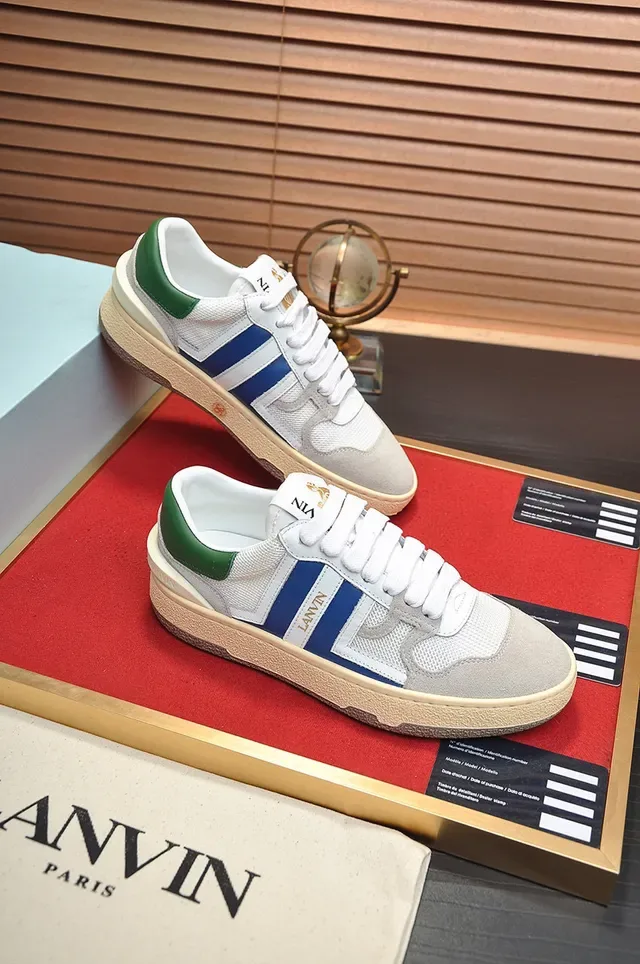 Lanvin Branco Azul Camada Malha E Camurça Superior Faixas Laterais Contrastantes Tênis Lifestyle 5