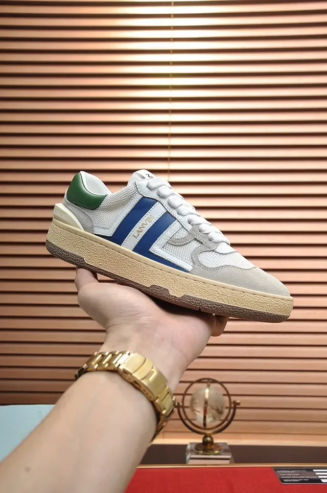 Lanvin Branco Azul Camada Malha E Camurça Superior Faixas Laterais Contrastantes Tênis Lifestyle 7