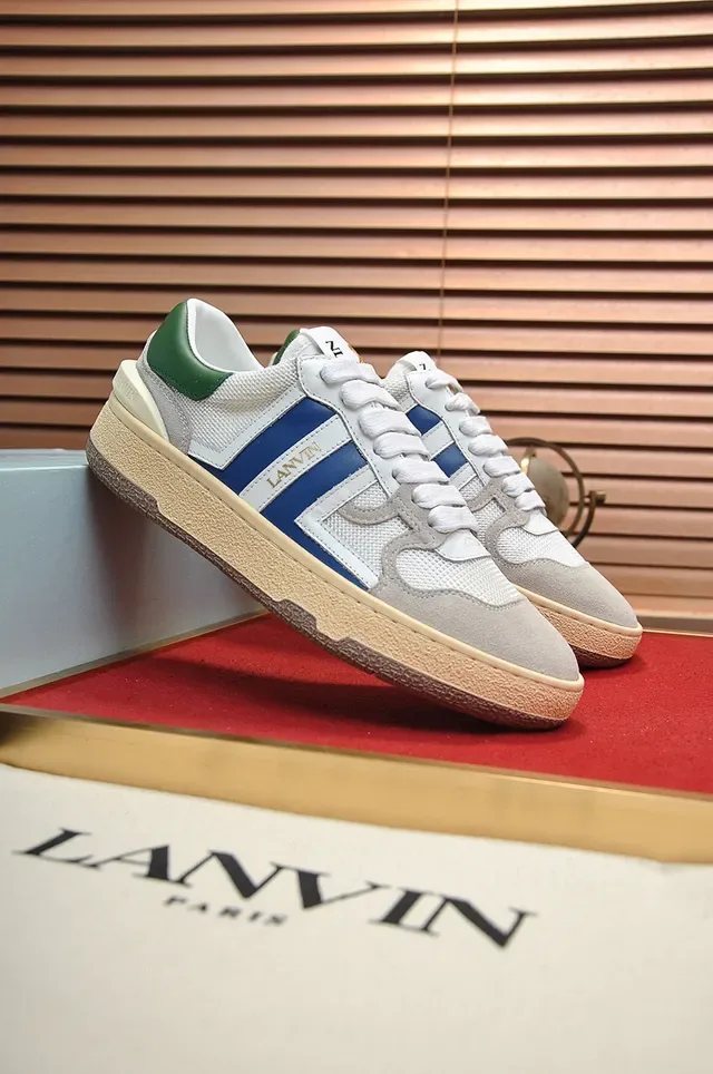 Lanvin Branco Azul Camada Malha E Camurça Superior Faixas Laterais Contrastantes Tênis Lifestyle 8