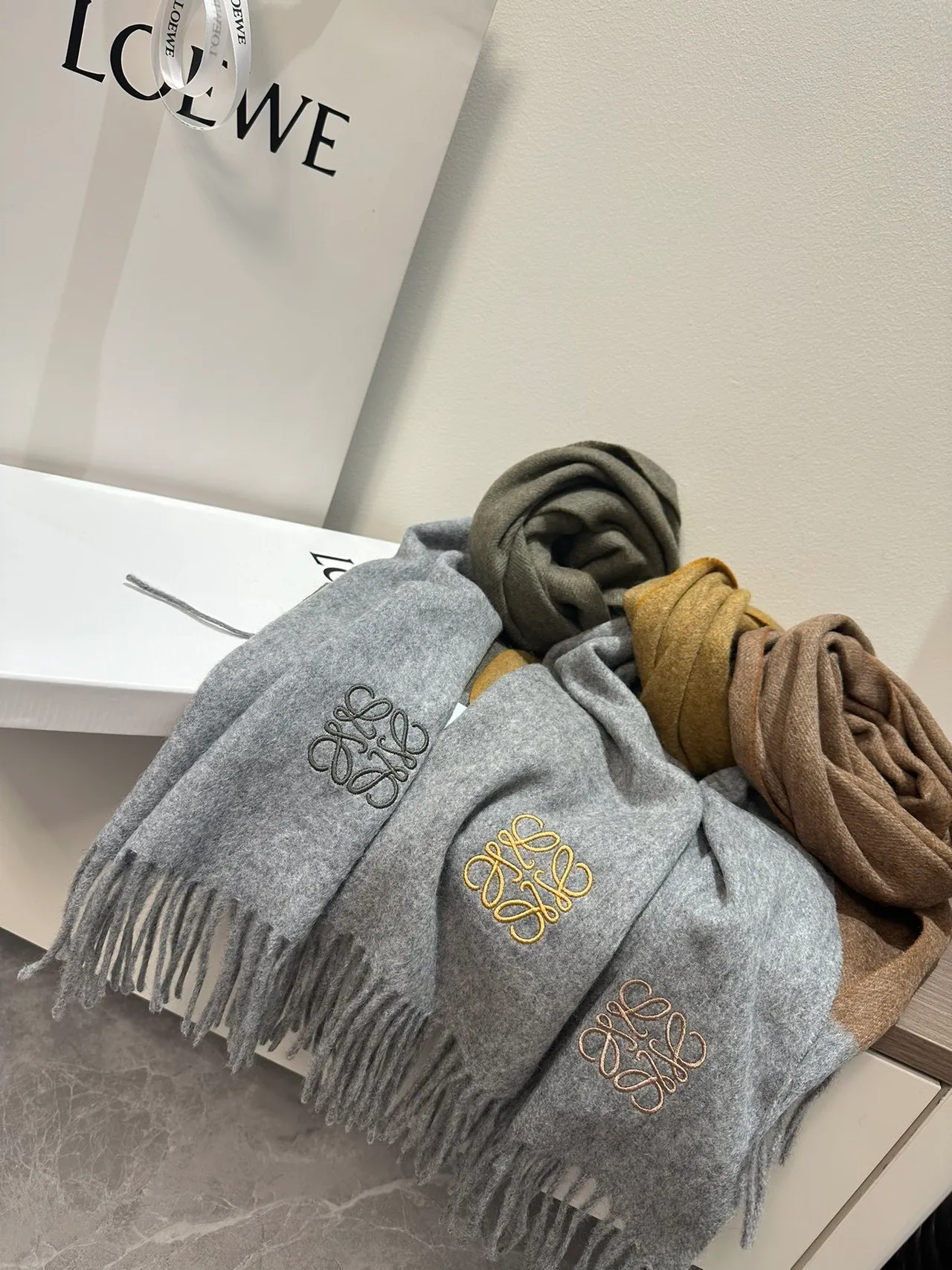 Loewe Anagram Embroidered Gray Cashmere Scarf 8