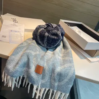 Loewe Parche Anagrama Bufanda Cachemira Azul Gris Mezclado