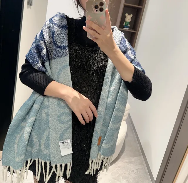 Loewe Anagram Patch Heathered Blue Gray Cashmere Scarf 2